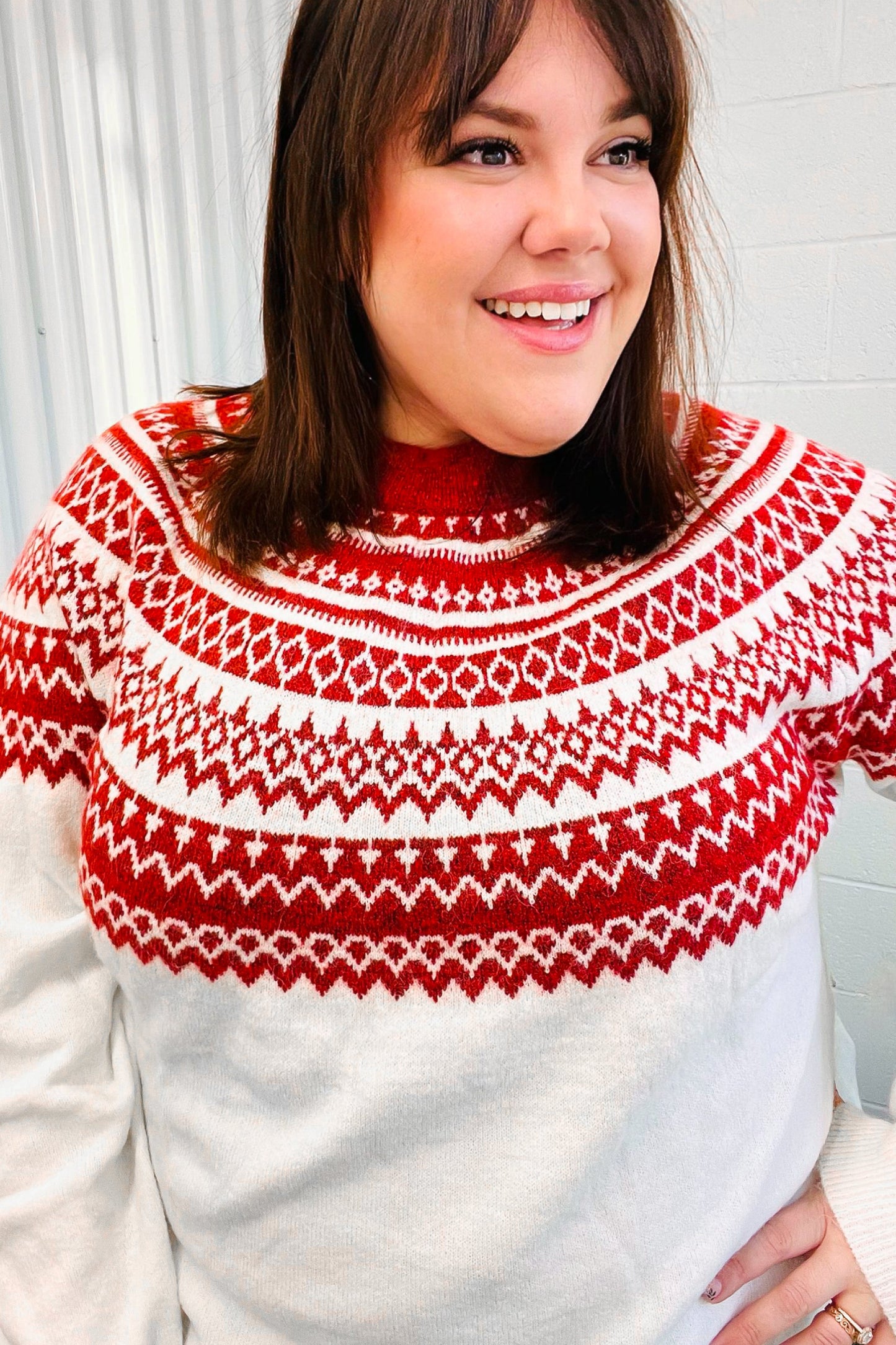 Feeling Festive Ivory & Red Fair Isle Mock Neck Sweater