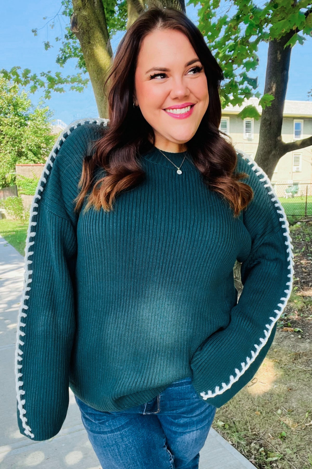 Fall Vibes Hunter Green Rib Knit Large Stitch Oversized Sweater