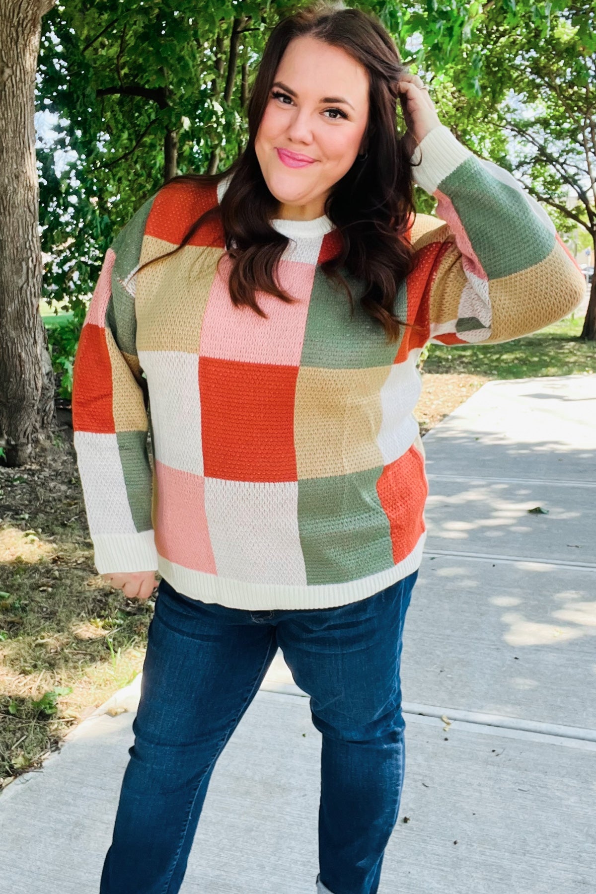 Be Bold Ivory & Rust Checker Jacquard Knit Sweater