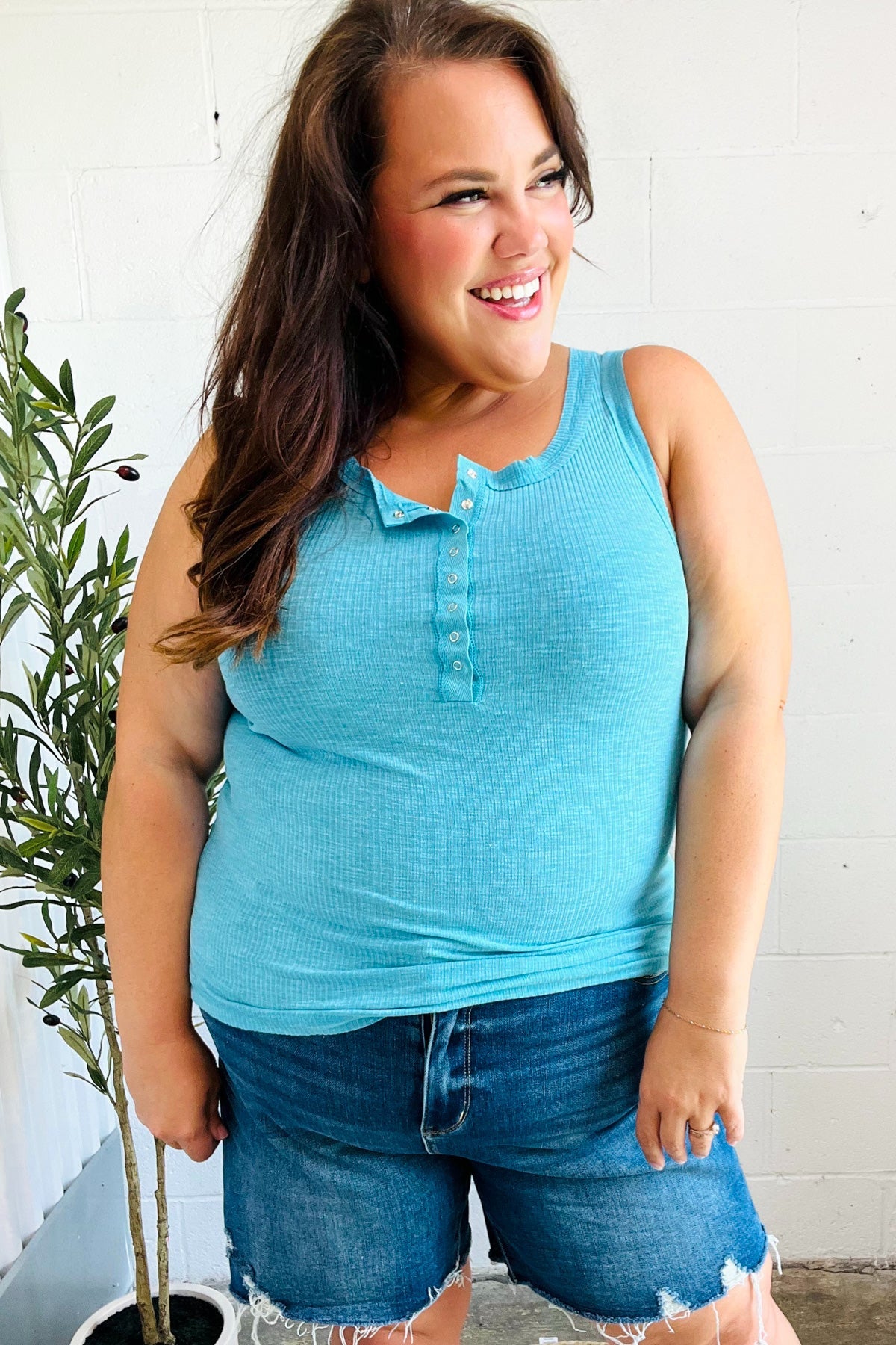 Summer Days Ice Blue Melange Ribbed Henley Button Down Tank