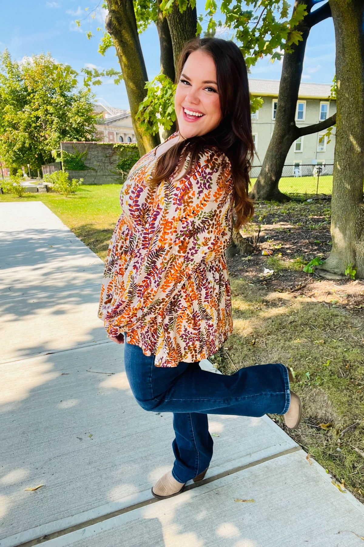 Fall in Love Taupe & Rust Floral Print Babydoll Bubble Sleeve Top