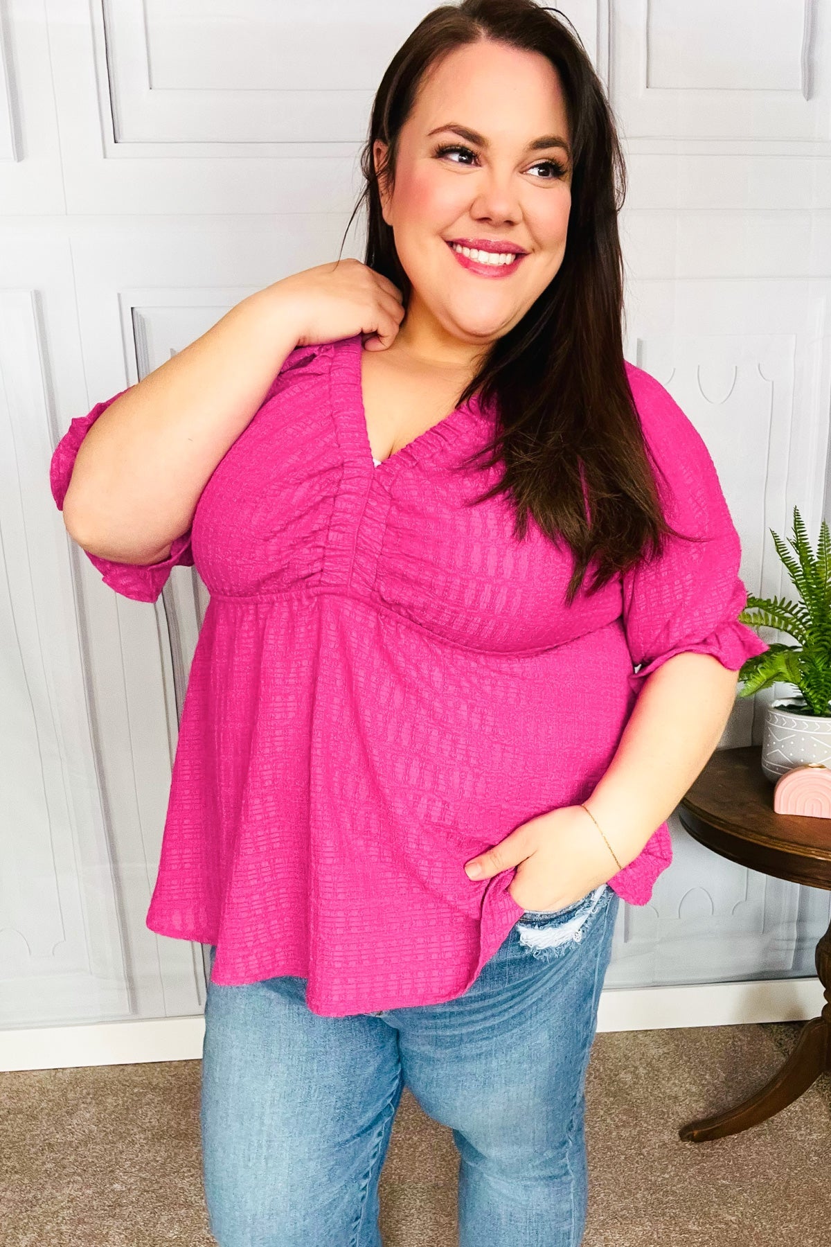 Feeling Strong Fuchsia Textured V Neck Babydoll Top