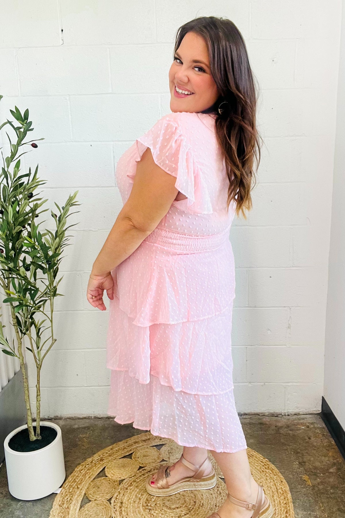 Beautiful You Blush Swiss Dot Asymmetric Tiered Smocked Lined Dress