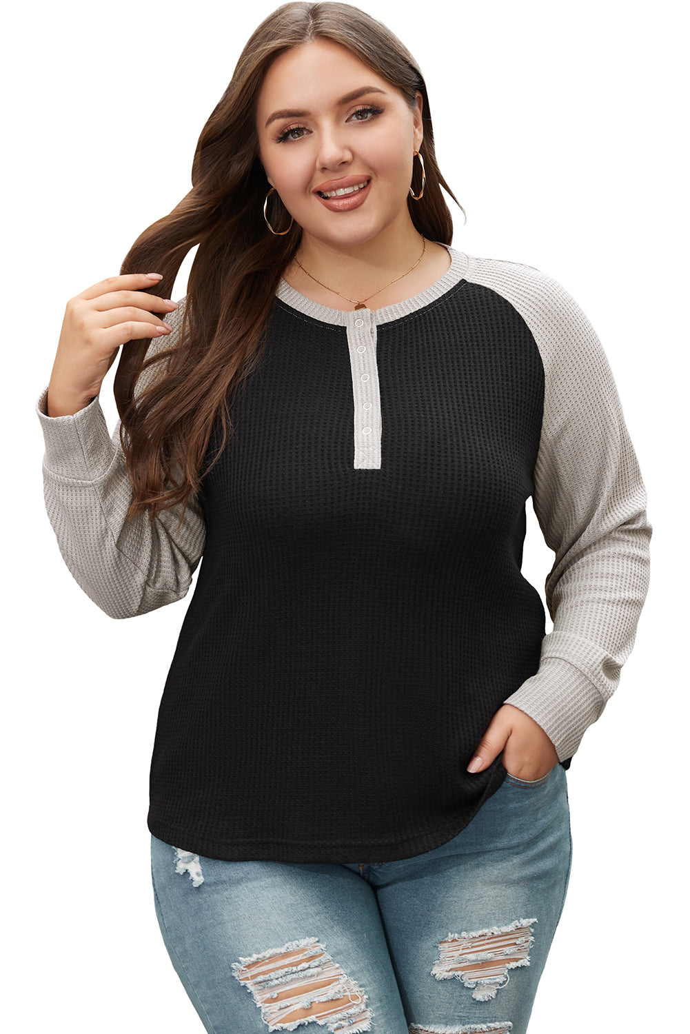 Black Color Contrast Waffle Knit Buttoned Plus Size Top