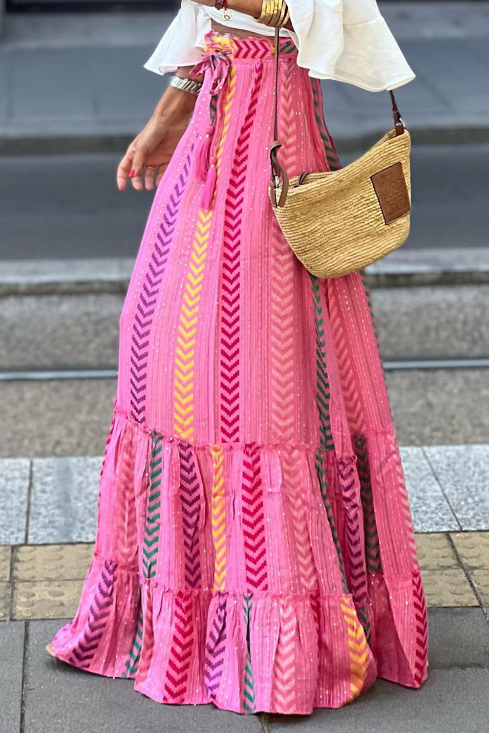 Pink Boho Tassel Tie Ruffled Tiered Maxi Skirt