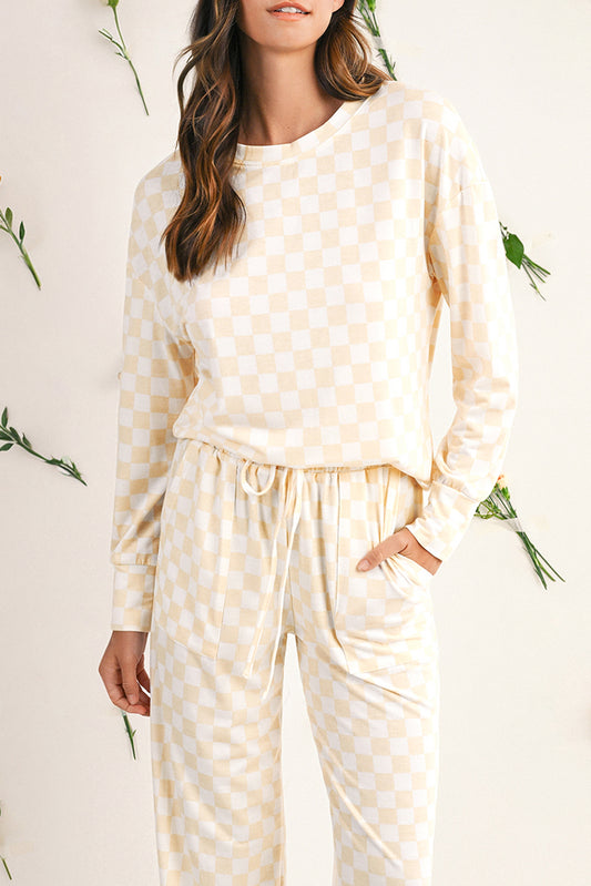 Beige Checkered Print Long Sleeve Loose Fit Pajama Set
