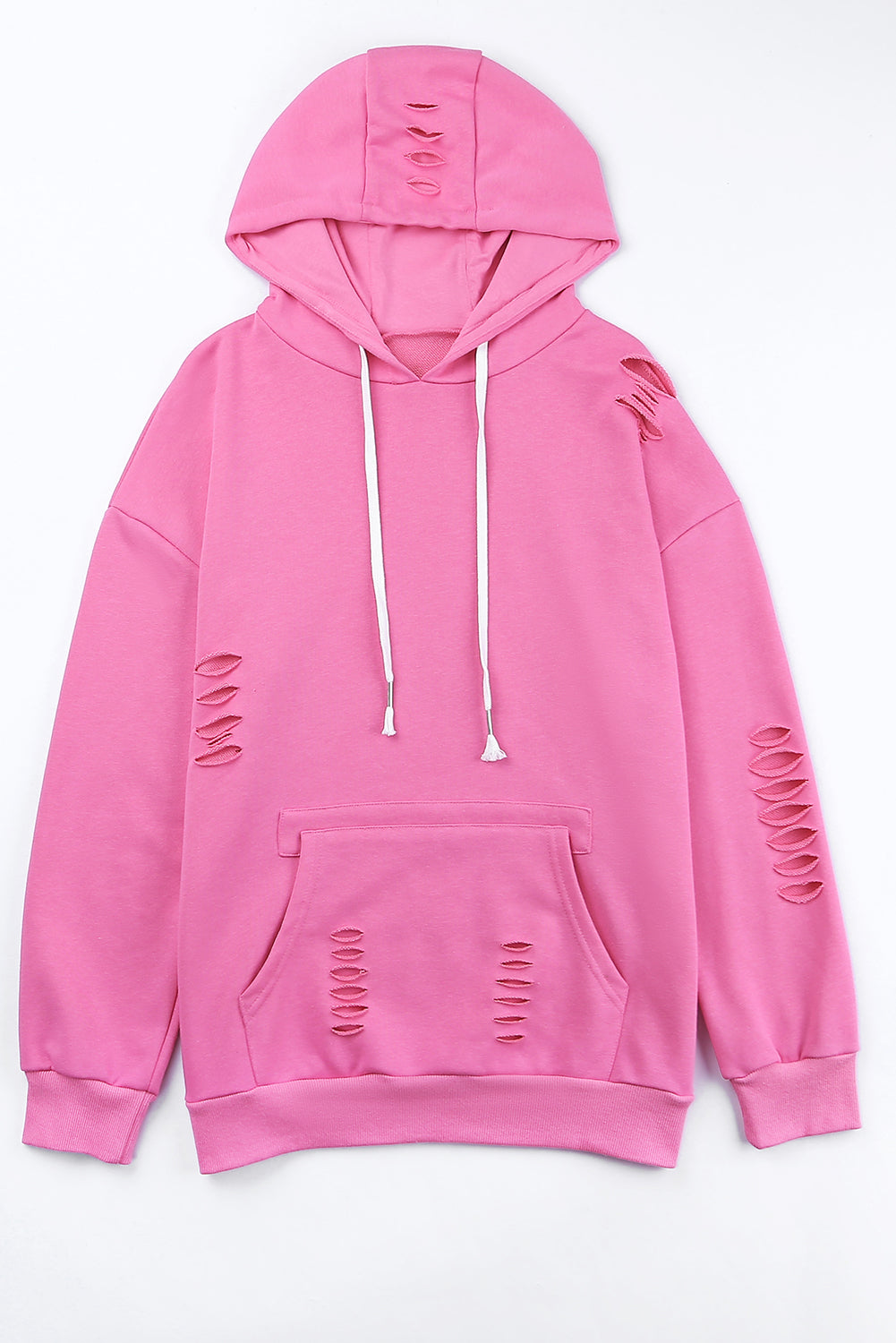 Pink Solid Ripped Hooded Sweatshirt with Kangaroo Pocket