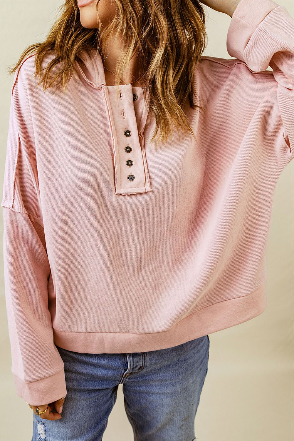 Pink Casual Button Solid Patchwork Trim Hoodie